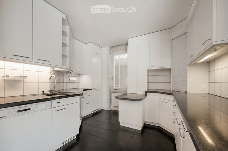 Modern kitchen with white cabinets, black countertops, and a stainless steel sink. Features include a dishwasher, tiled backsplash, and ample storage space.