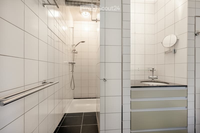 Modern bathroom with white tiled walls, a shower area with a handheld showerhead, a sink with a modern faucet, a built-in mirror, and a handrail for support.