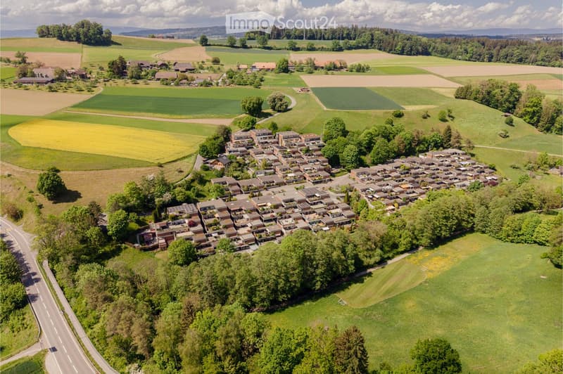 Aerial view of a residential area with multiple houses, surrounded by green fields and trees, with a road running alongside.