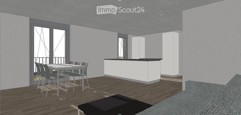 Open-plan living and dining area with a sofa, coffee table, dining table, and chairs. The space features modern white cabinetry, large windows, and a balcony view.