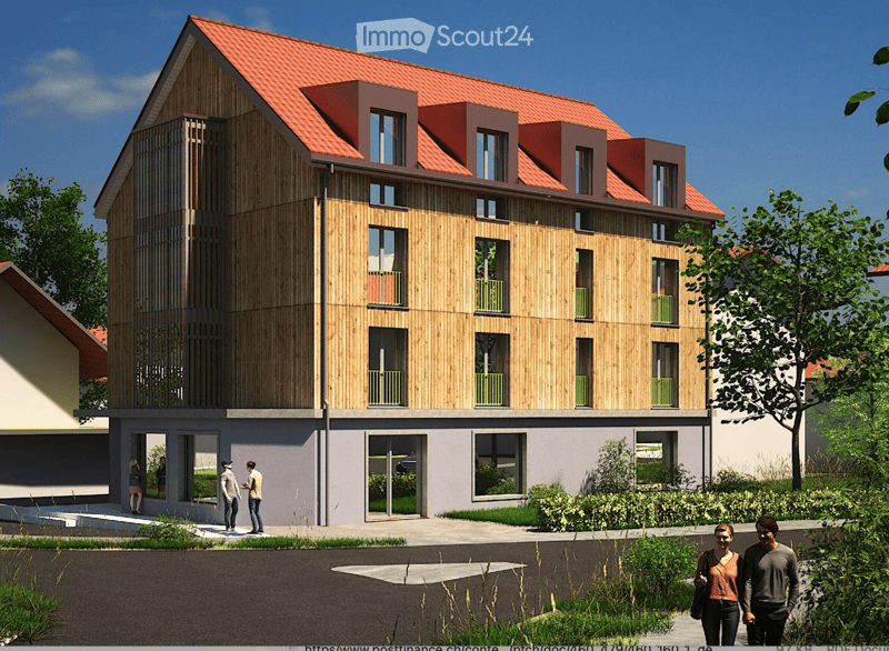 A modern, multi-story residential building with a wooden facade, red-tiled roof, and multiple windows and balconies. The building features a contemporary design with a mix of wood and concrete elements.