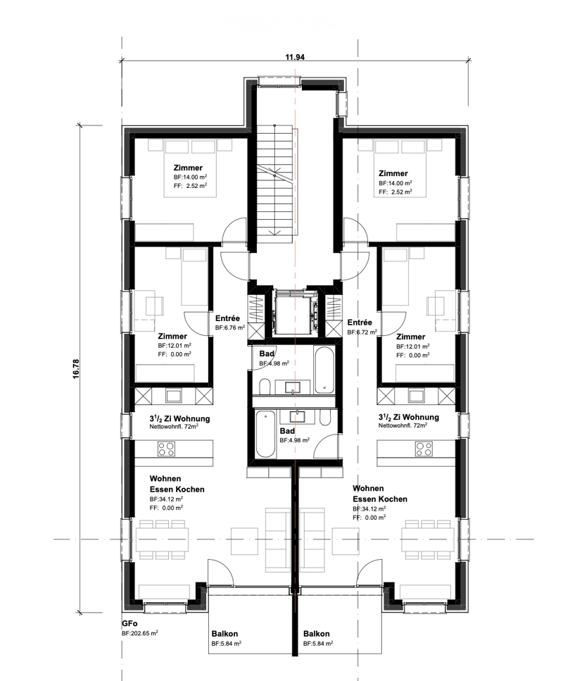 Floor plan of a two-story building with multiple rooms including bedrooms, bathrooms, living and dining areas, and balconies.