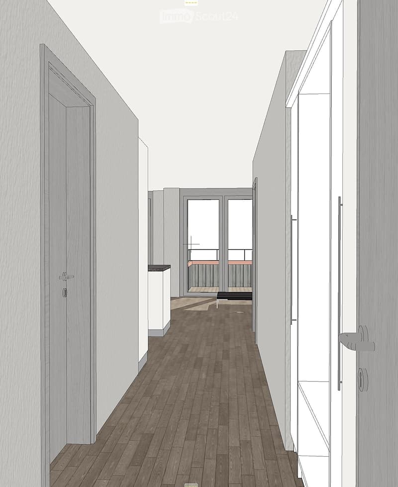 A modern hallway with wooden flooring, white walls, and several doors leading to different rooms. A small balcony area is visible at the end of the hallway.