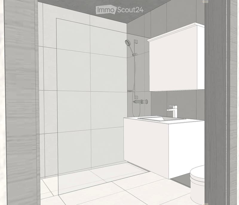 Modern bathroom with white tiles, a built-in sink with a sleek faucet, a showerhead, and a toilet.