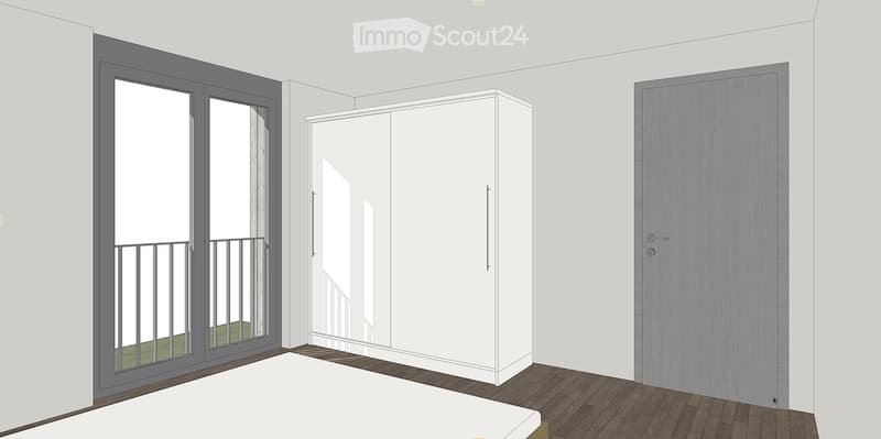 Empty room with wooden flooring, white walls, a sliding glass door leading to a balcony, and a built-in wardrobe.