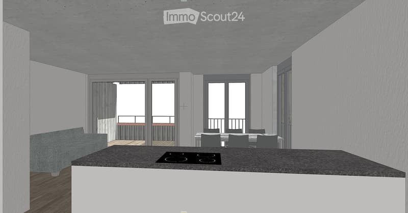 Open-plan living and dining area with a sofa, dining table, chairs, and an induction cooktop on a central island. Large windows and sliding doors lead to a balcony.