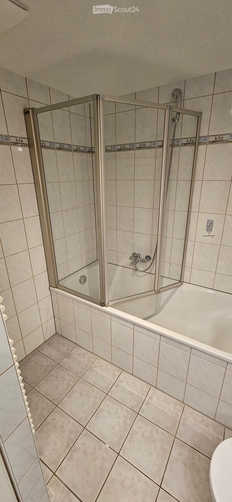 Modern bathroom with a bathtub, glass-enclosed shower stall, and tiled walls and floor.