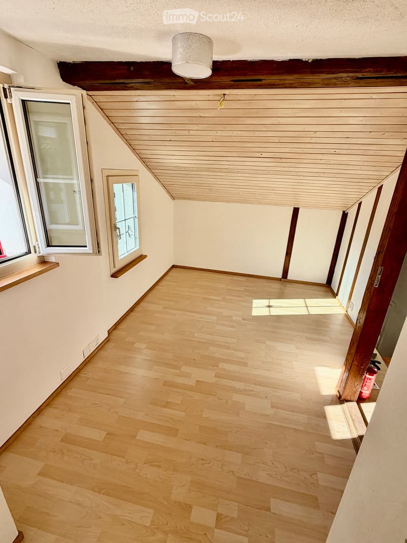 Empty hallway with wooden flooring, white walls, and a slanted wooden ceiling. Features include a window with a small shelf, a door, and a fire extinguisher placed near the door.