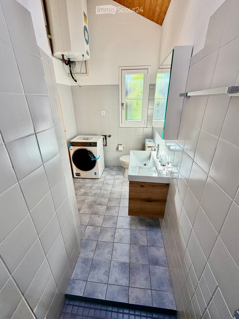 Modern bathroom with a sink, toilet, washing machine, and a window providing natural light.