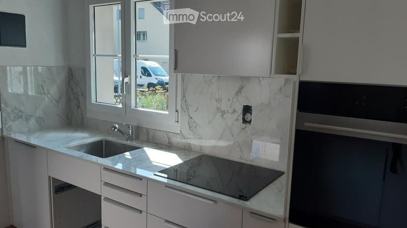 Modern kitchen with white cabinets, marble countertops, stainless steel sink, induction cooktop, and built-in oven. Large window provides natural light.