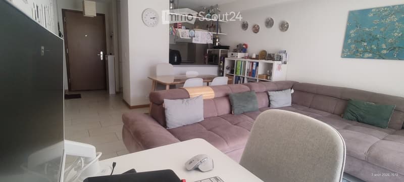 A modern living room with a grey sectional sofa, multiple pillows, a small table with a laptop and mouse, a dining area with a table and chairs, shelves with books and decorative items, and a painting on the wall.
