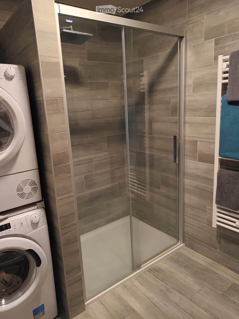 Modern bathroom with a glass-enclosed shower, a washing machine, and a towel rack with towels.
