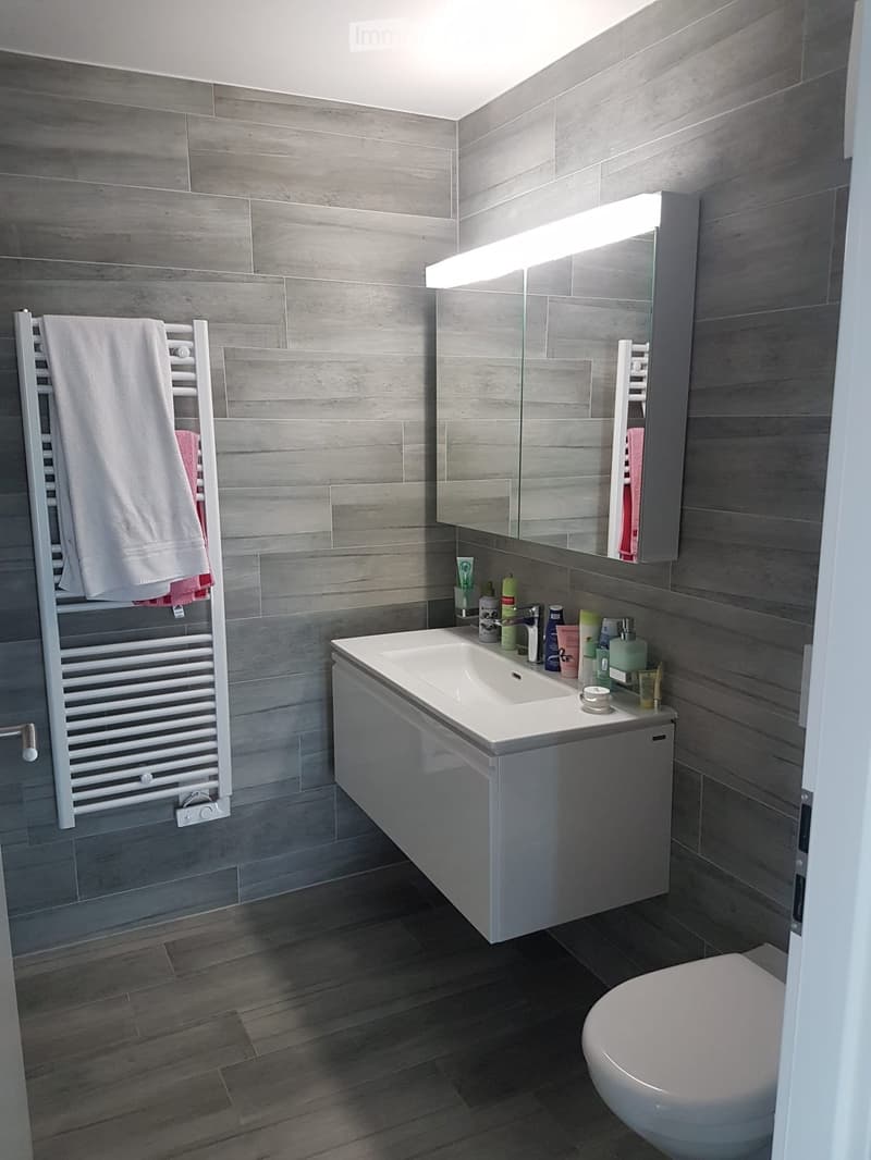 Modern bathroom with grey tiled walls, a white sink with a cabinet, a large mirror with built-in lighting, a white towel rack with towels, and a toilet. The floor is dark wood.