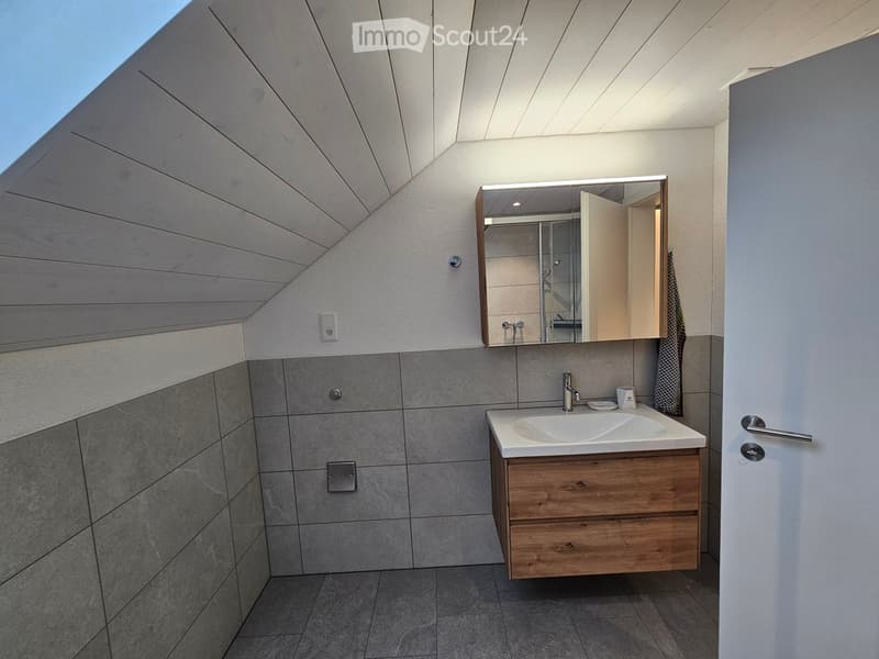 modern bathroom, gray tiles, white ceiling, wooden sink, silver faucet, mirror, power outlet