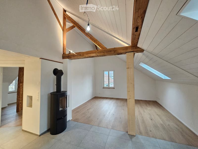 white walls, wooden beams, black fireplace, wooden floor, ceiling lamp
