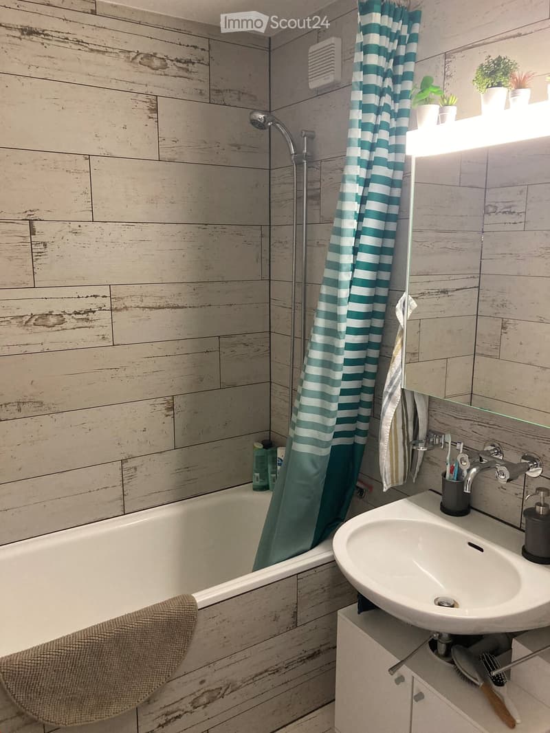 Bathroom with wooden walls, bathtub, sink, shower curtain, toothbrush holder, soap dispenser, and small plants on the windowsill.