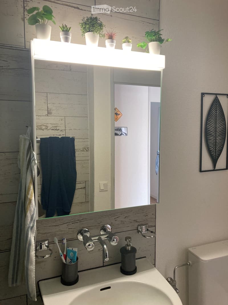 Modern bathroom with a large mirror, wooden vanity, and sleek chrome fixtures. Features a built-in light fixture above the mirror, a toothbrush holder, soap dispenser, and a framed leaf-shaped artwork on the wall.