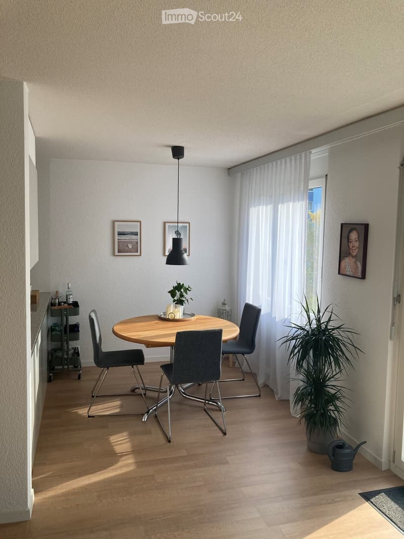 Bright dining area with a round wooden table surrounded by four modern chairs, pendant light fixture, picture frames on walls, small cart with bottles, potted plant, and watering can near the window.