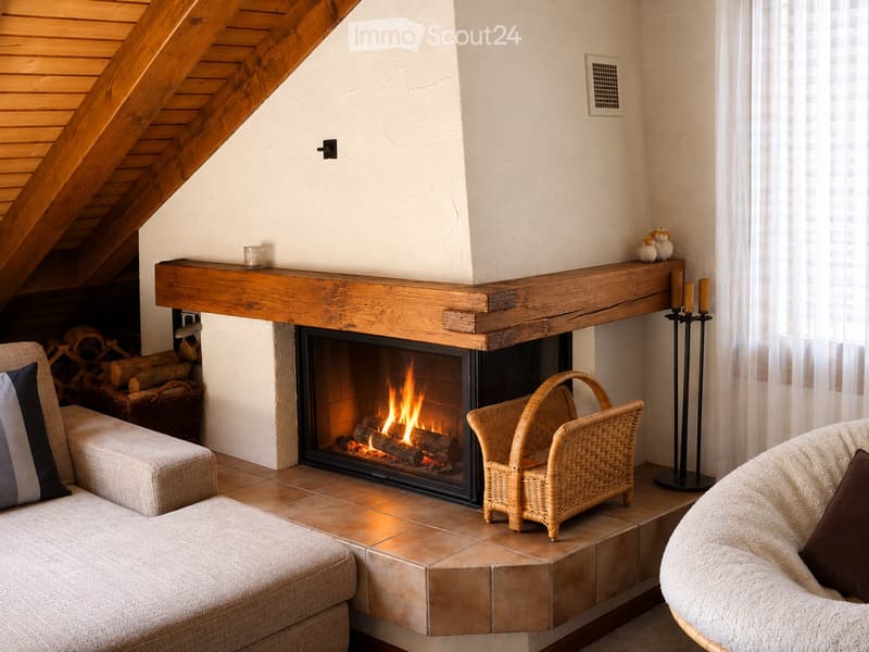 Cozy living room with a burning fireplace, wooden mantel, sofa, wicker chair, and decorative items.