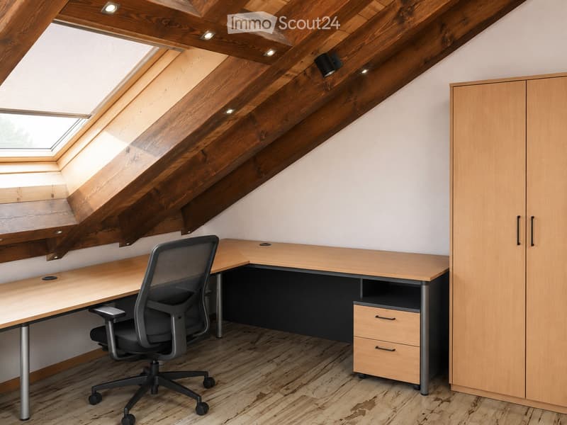 Modern attic office with exposed wooden beams, skylight window, light wood furniture including a desk, ergonomic chair, and built-in cabinet.