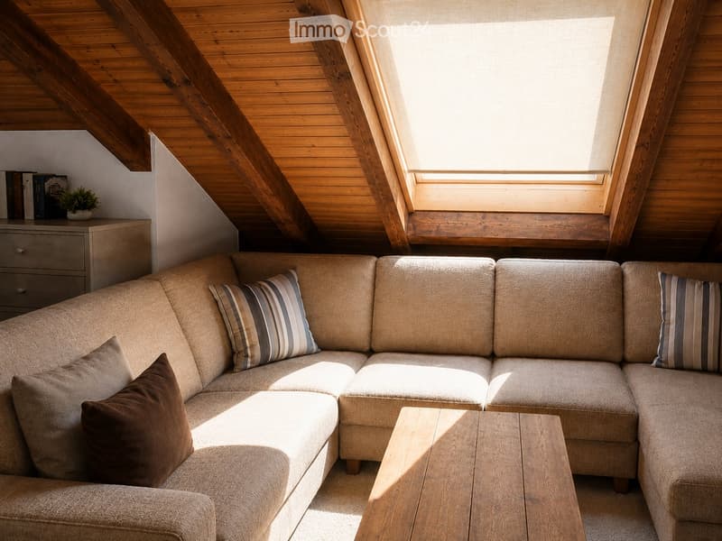 Cozy living room with a sectional sofa, wooden coffee table, decorative pillows, a small plant, and a drawer unit with books on top.