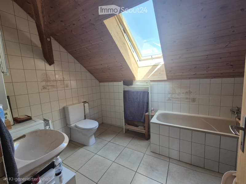 Bathroom with a toilet, bathtub, sink, and mirror. The room features tiled walls and a skylight window, with a wooden ceiling and a towel hanging on the side.