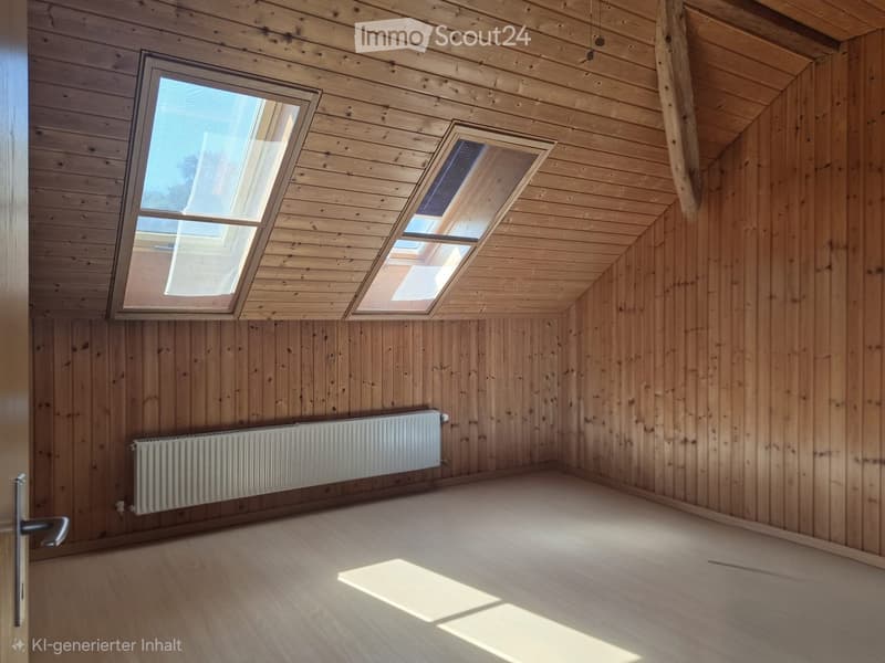 Empty room with wooden walls and ceiling, skylight windows, and a radiator on one wall.