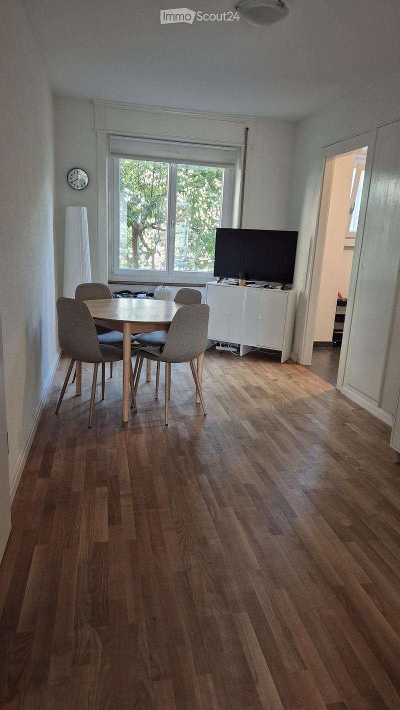 Dining room with wooden floor, large window, dining table with four chairs, white cabinet with TV on top.