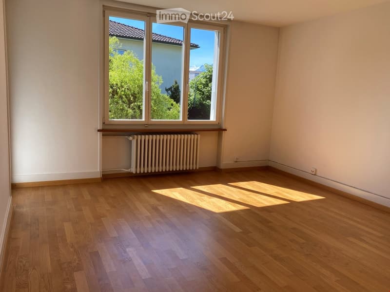 Empty room with wooden flooring, large windows, radiator, and natural light.