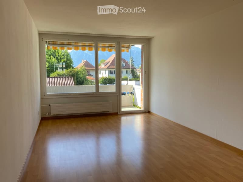 Empty room with wooden flooring, large windows with blinds, and a radiator under the windows.