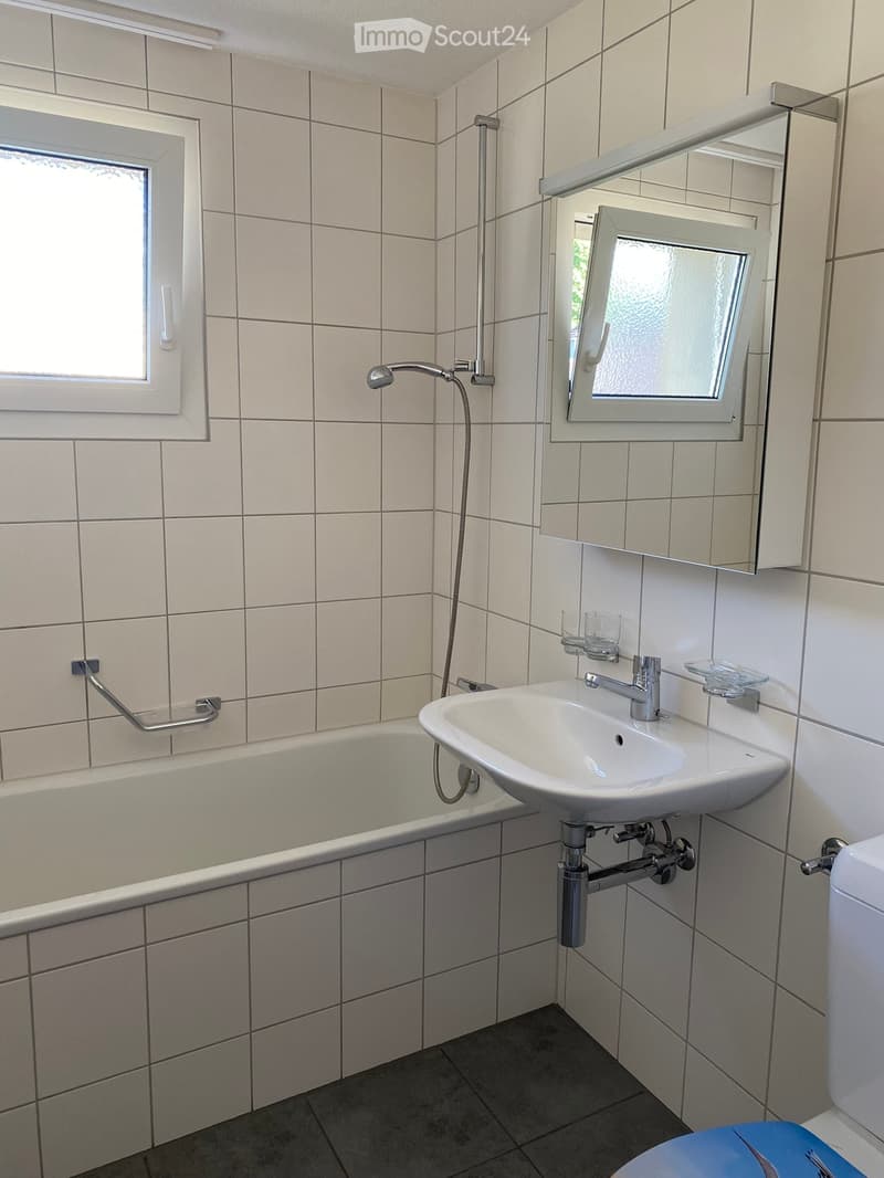 Bathroom with tiled walls, bathtub, sink, mirror, and toilet. Features a handheld showerhead and a window with frosted glass.