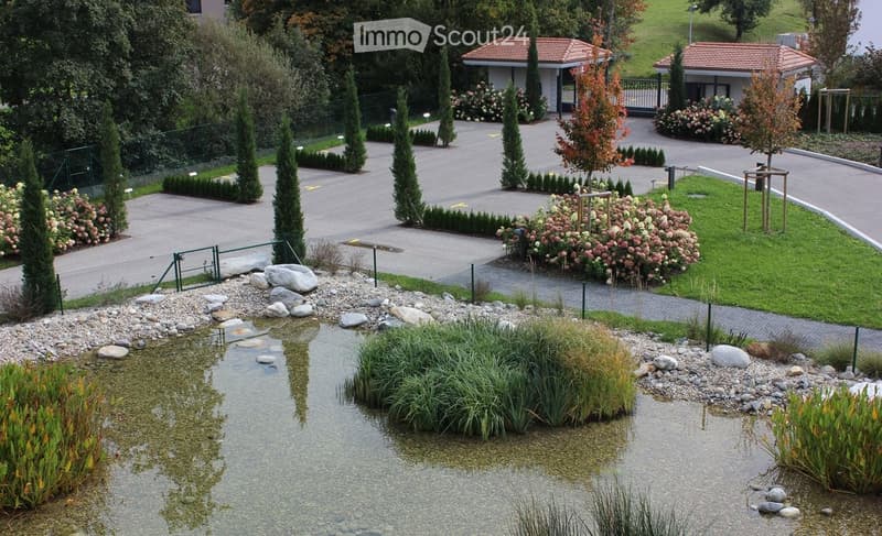 Well-maintained garden area with a small pond, surrounded by rocks, plants, and neatly trimmed trees. The area includes a paved walkway, a small bridge, and a variety of flowering shrubs and trees.