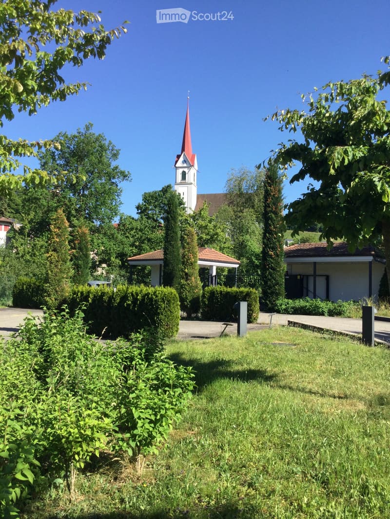 A grassy area with trees and bushes, featuring a church with a red spire in the background.