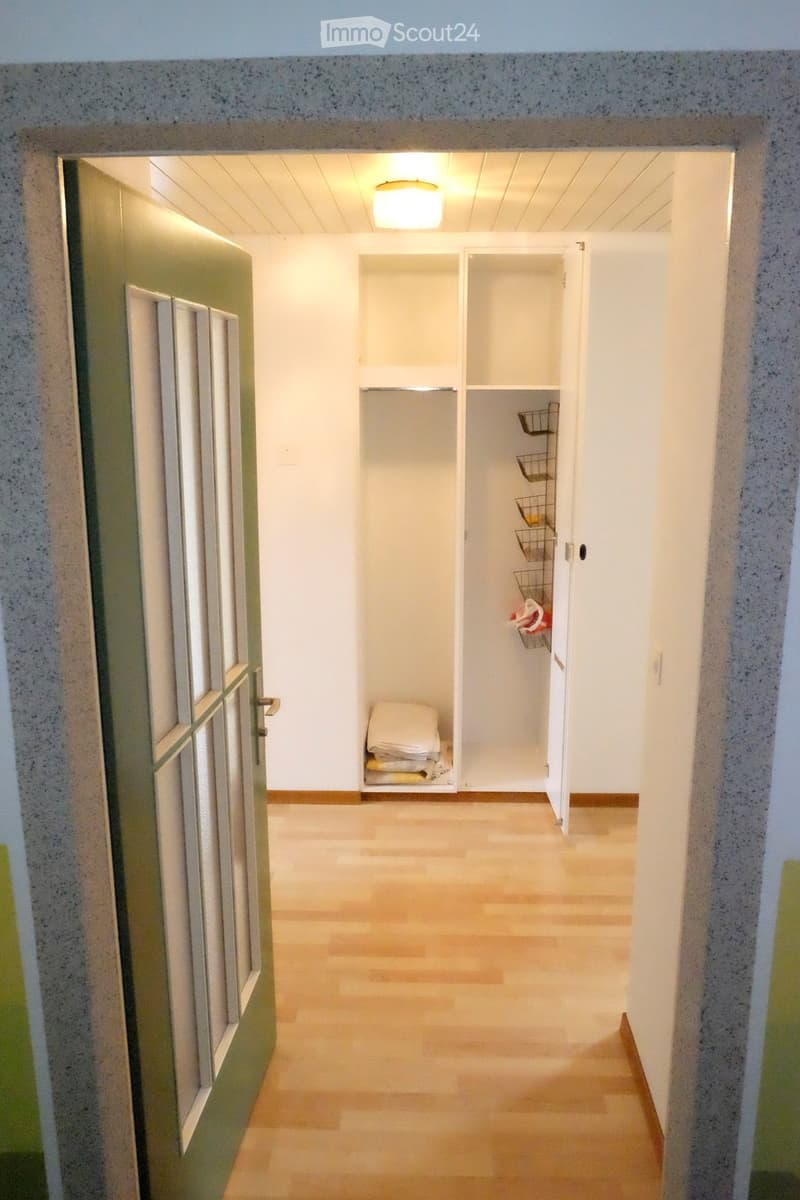 Empty hallway with wooden flooring, white walls, and a built-in closet with shelves and baskets. A green door is visible on the left side.