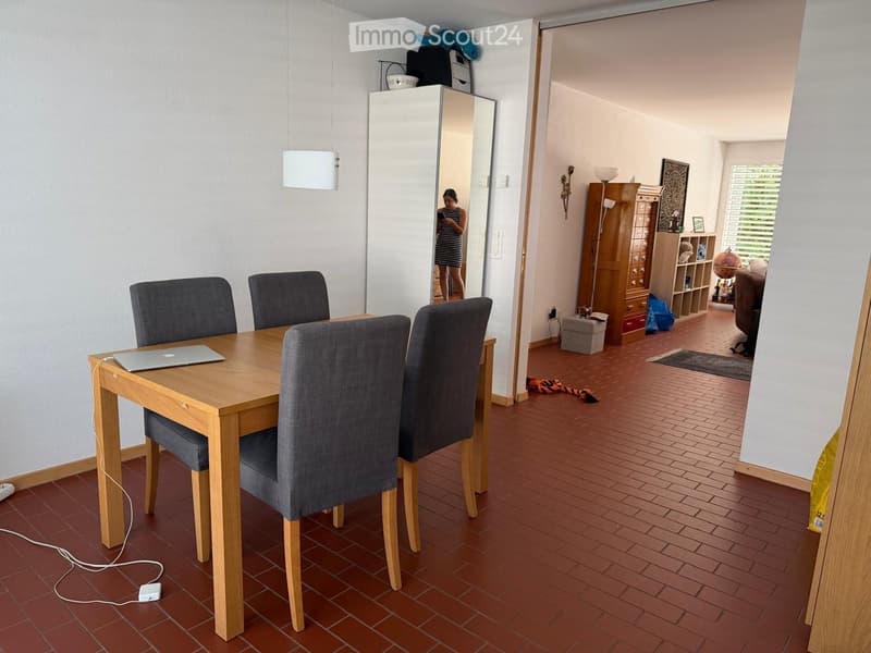 Dining area with a wooden table, four chairs, and a laptop on the table. A large mirror is mounted on the wall, and a living area with a sofa, shelves, and a cabinet is visible in the background.