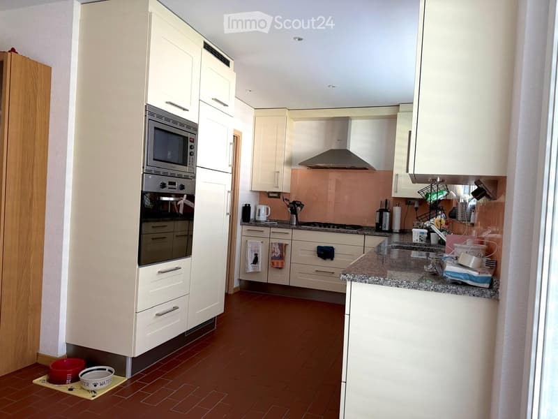 Modern kitchen with white cabinets, stainless steel appliances, granite countertop, and a small pet feeding area in the corner.