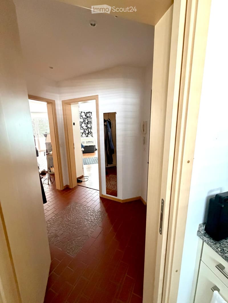 A narrow hallway with red tiled flooring and white walls, leading to several rooms. The hallway features open doorways revealing glimpses of adjacent spaces, including a room with a pet carrier and a closet with hanging clothes.