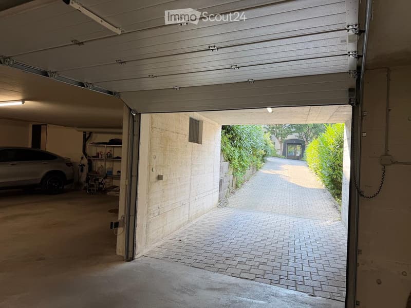 Garage with a car parked inside, shelves, and an open door leading to a paved driveway surrounded by greenery.