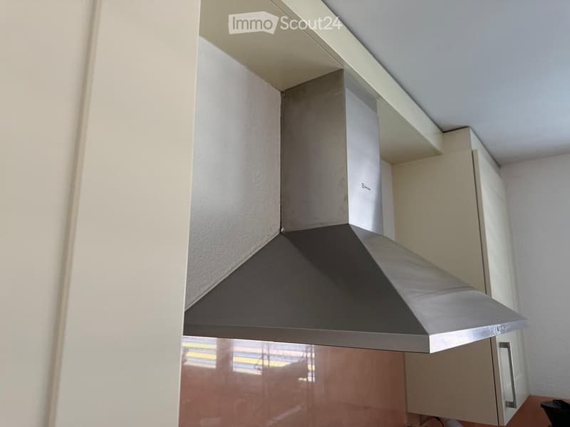 Modern kitchen with a stainless steel range hood installed above a cooking area, surrounded by light-colored cabinets.