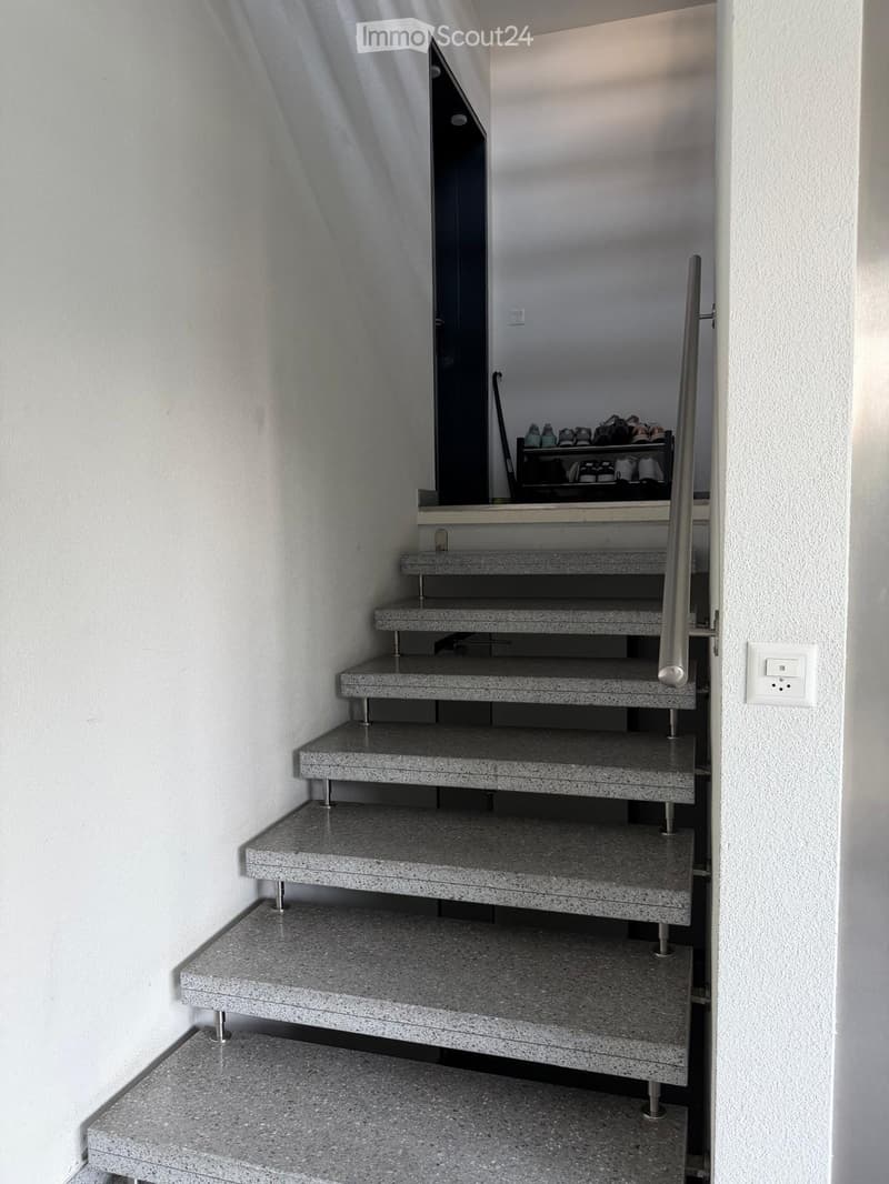 Modern staircase with gray granite steps and metal balustrade, leading to a closet with shoes and storage.