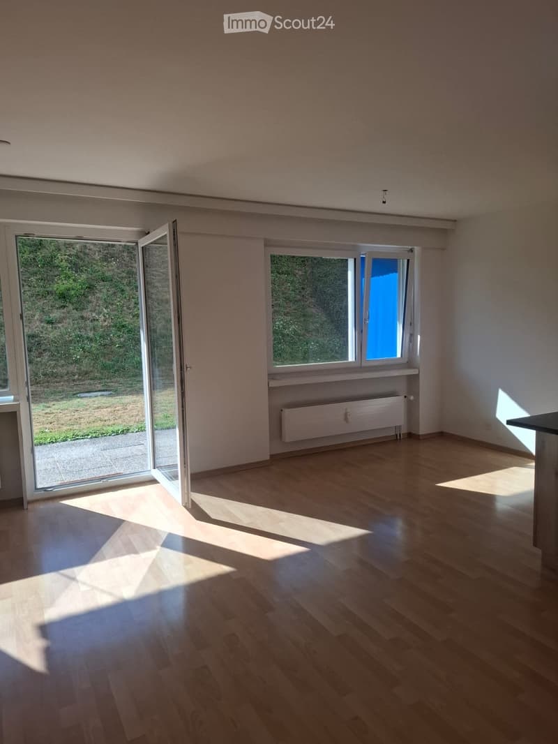 Empty room with wooden flooring, large windows, and a radiator. No furniture or equipment present.