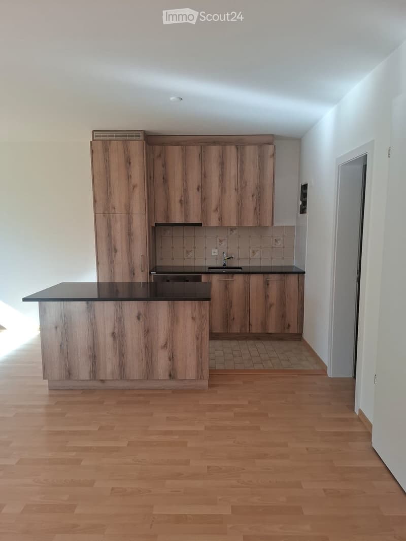 Modern kitchen with wooden cabinets, black countertop, and a sink. The floor is made of light wooden planks, and the walls are white.