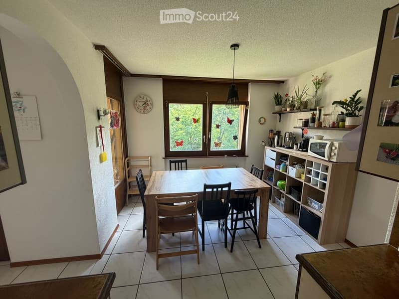 Bright kitchen with a dining area, featuring a wooden dining table surrounded by chairs, a built-in cabinet with appliances, and potted plants on the windowsill.