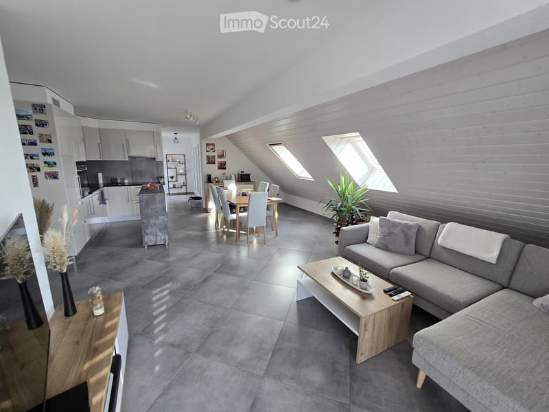 Open-plan living and dining area with grey sofa, coffee table, dining table, chairs, kitchen area with cabinets and appliances, and decorative plants.