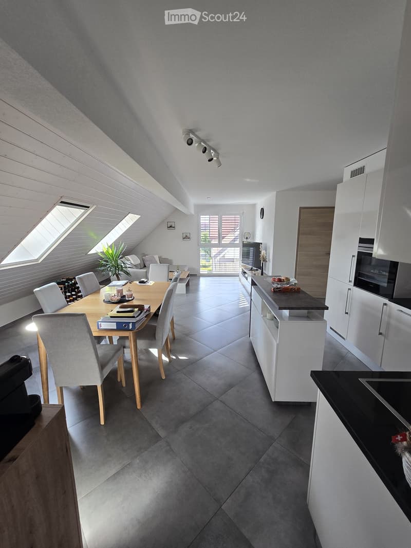 Open-plan living and dining area with modern kitchen, dining table, chairs, sofa, and built-in cabinets.