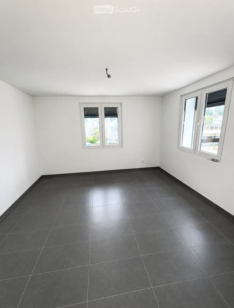 Empty room with white walls, dark tiled floor, and multiple windows providing natural light.