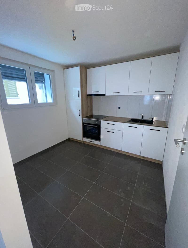 Empty kitchen with white cabinets, dark tiled floor, and two windows. No appliances or furniture are present.