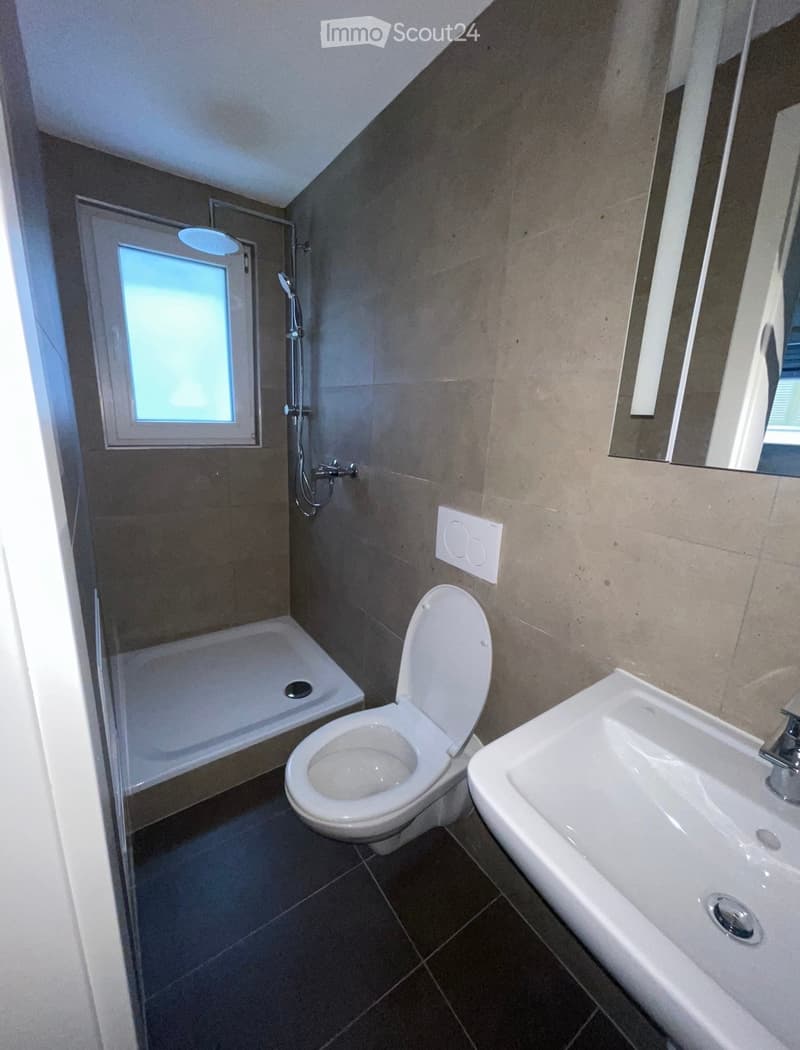 Modern bathroom with a toilet, sink, shower, and mirror. Features dark tiled walls and floor, and a small window above the shower area.