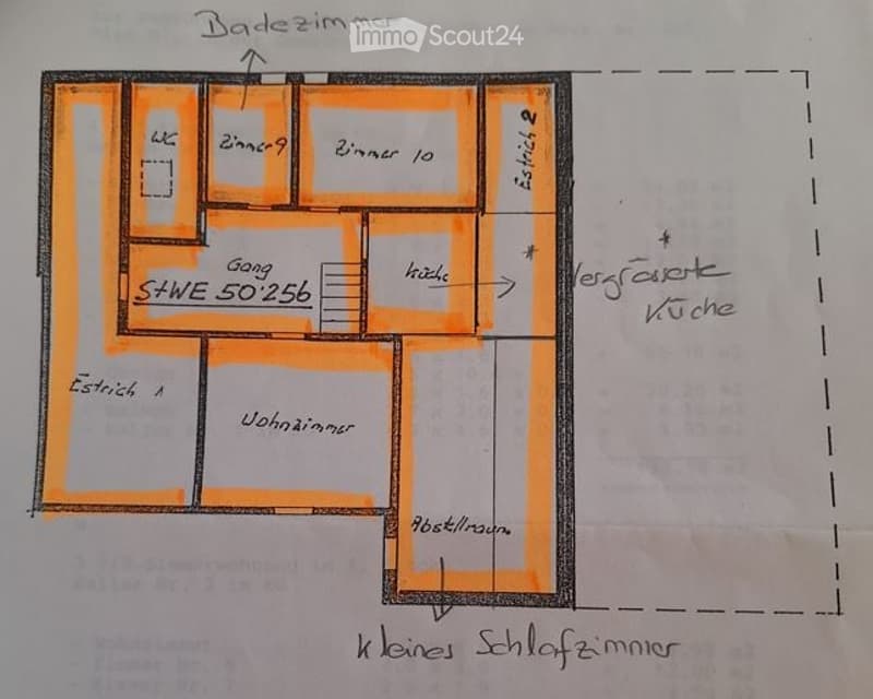 Floor plan of a multi-room apartment including a living room, dining area, kitchen, bedroom, hallway, and small storage room.