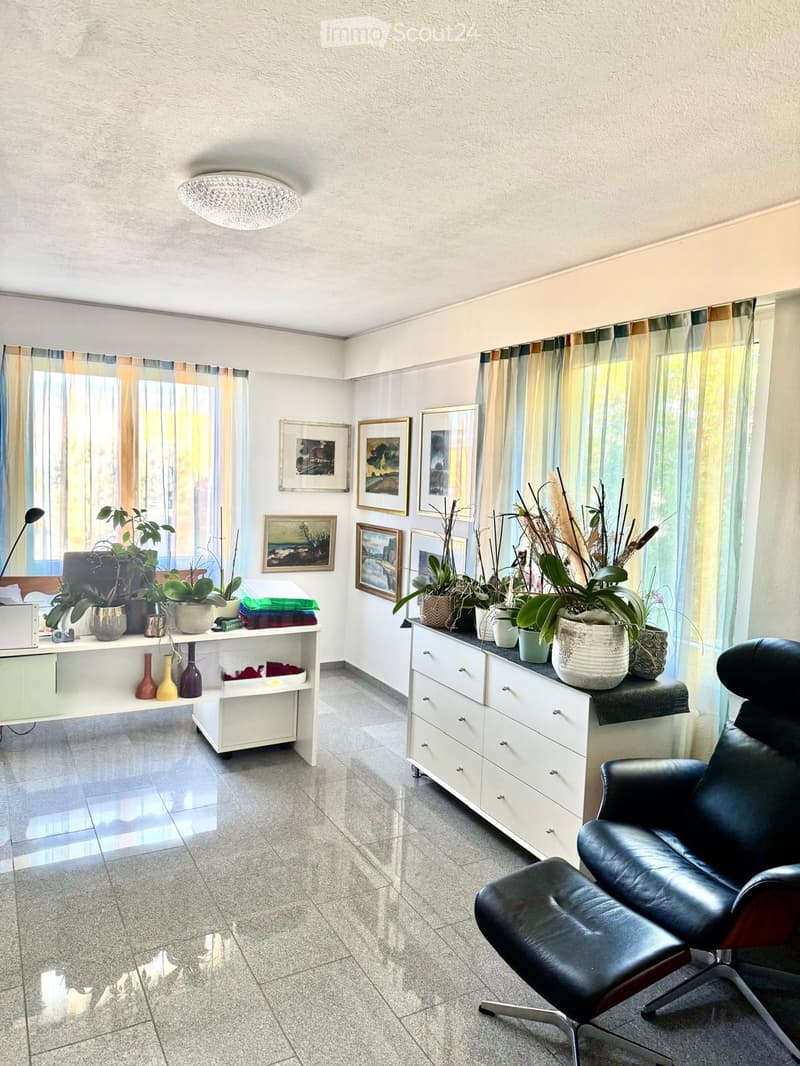 empty room, large windows, two white furniture pieces, potted plants, white ceiling, beige floor